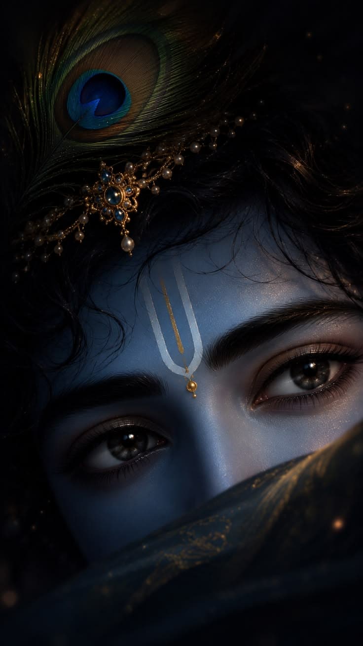 Close-up digital art of Lord Krishna's eyes, forehead with tilak, and a peacock feather in his dark hair.