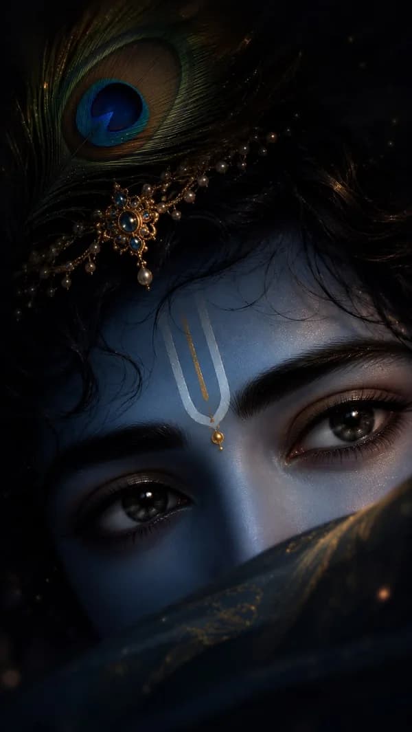 Close-up digital art of Lord Krishna's eyes, forehead with tilak, and a peacock feather in his dark hair.