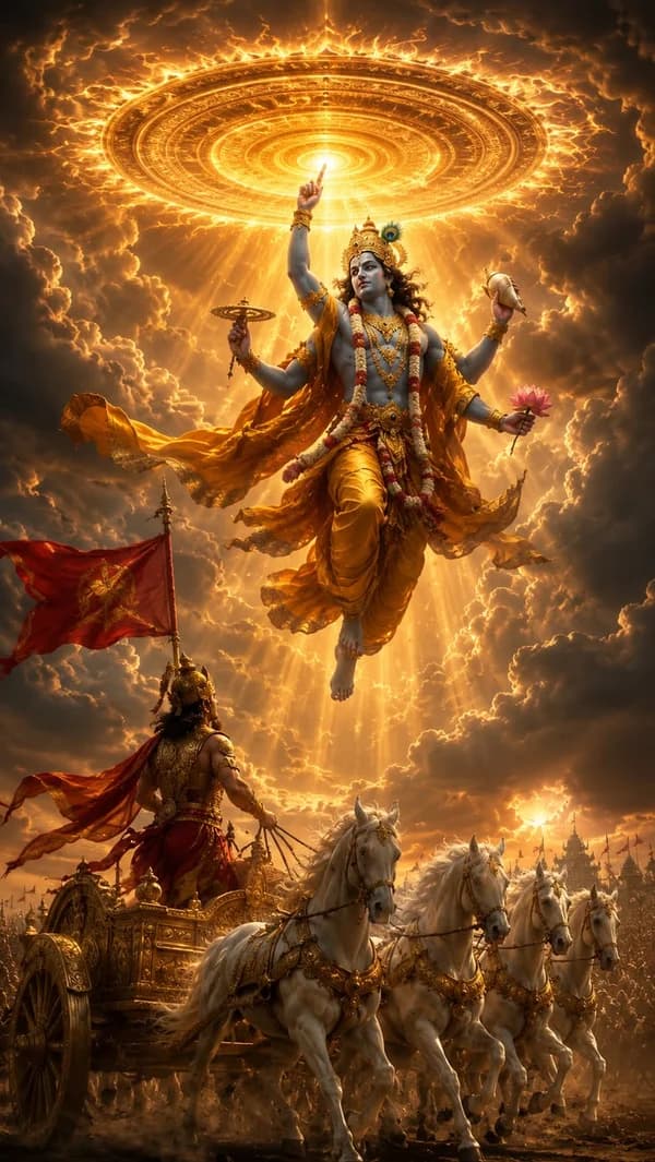 Lord Krishna in a multi-armed divine form floating in golden clouds above Arjuna in a horse-drawn chariot.