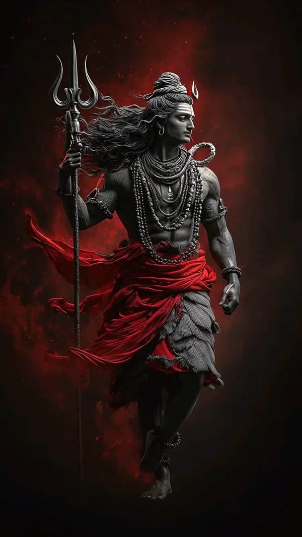 Digital art of Lord Shiva holding a trident in a dynamic pose with red fabric accents.