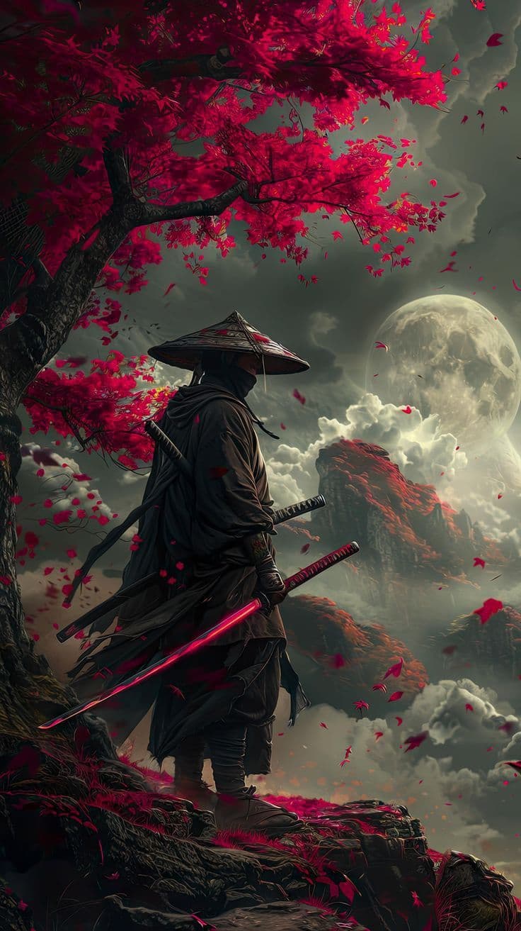 A dark-clothed samurai with a glowing red sword stands under a vibrant pink cherry blossom tree looking at a full moon.