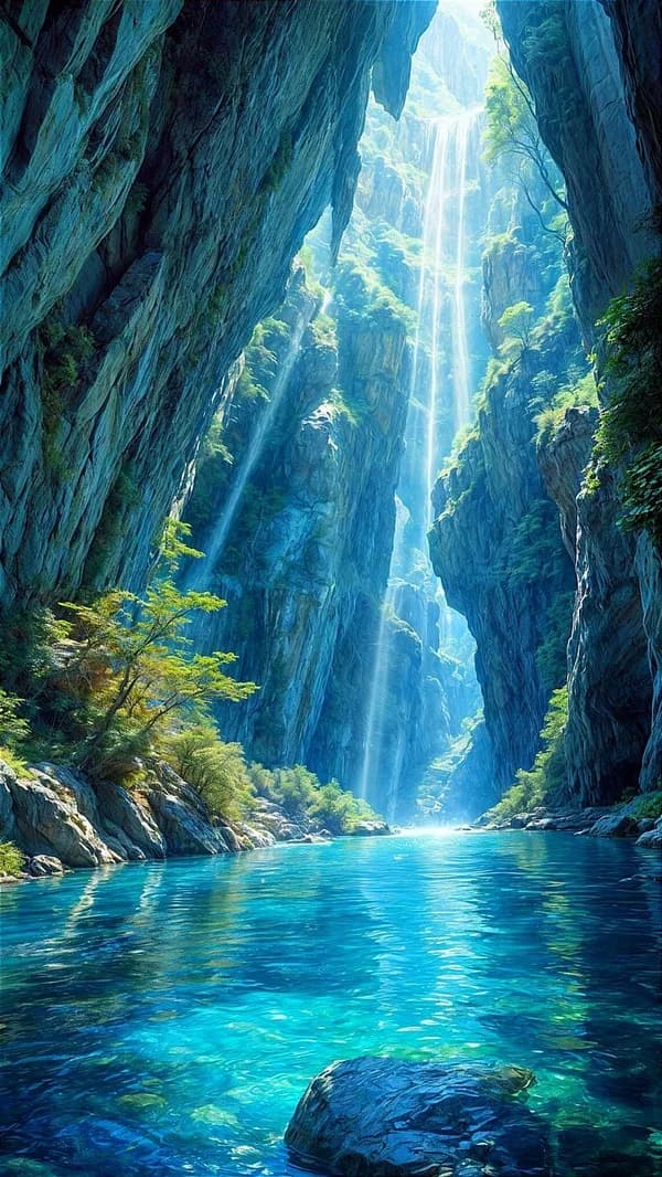 A towering rock canyon with a tall waterfall feeding into a clear turquoise river under bright sunbeams.