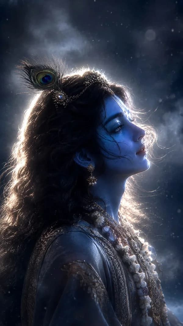 Digital art portrait of the deity Lord Krishna with blue skin and a peacock feather in his hair.