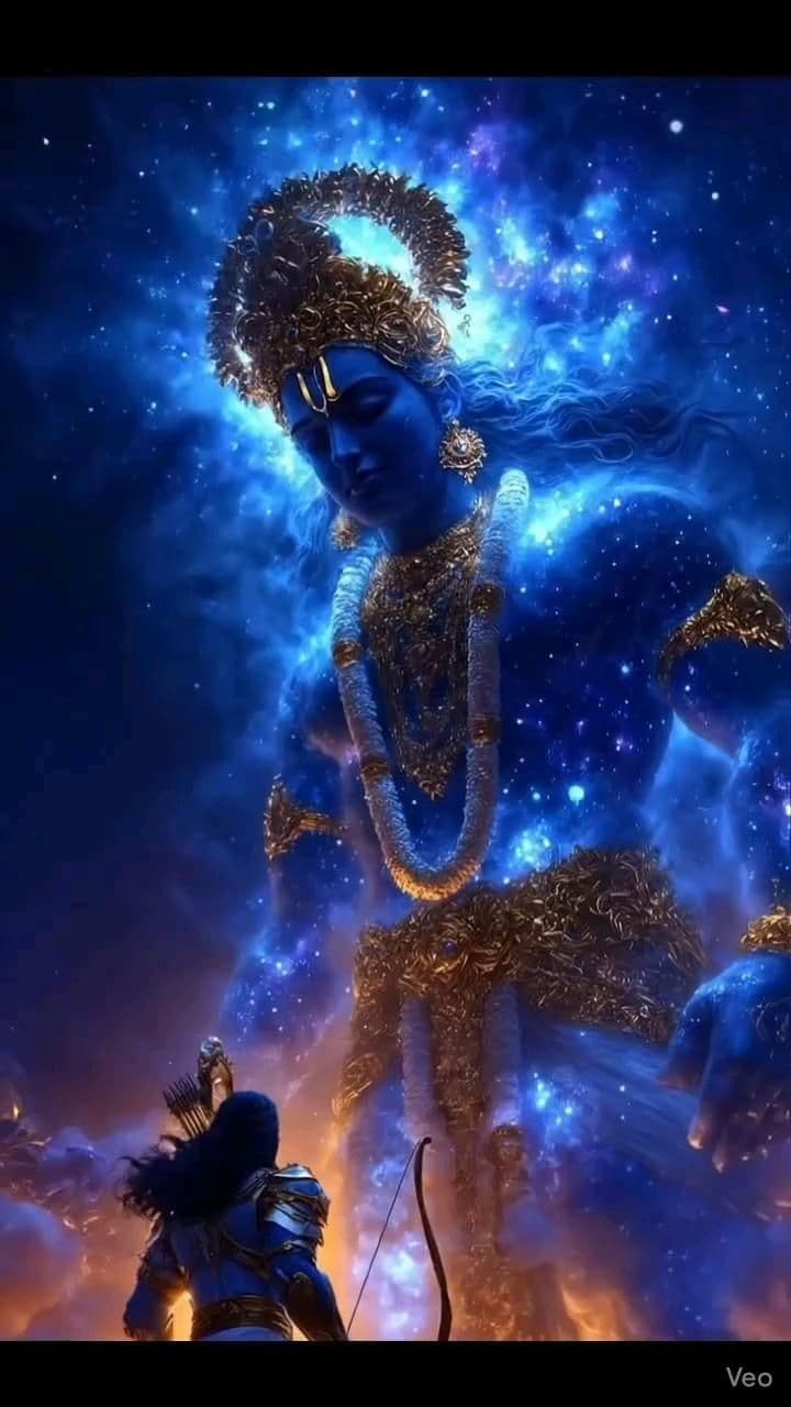 Gigantic glowing blue Hindu deity in cosmic space looking down on a warrior holding a bow.
