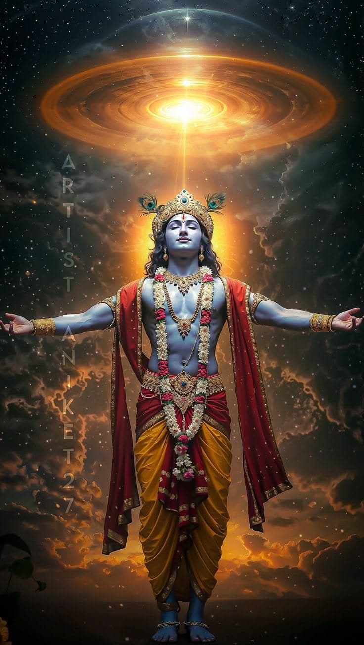 Lord Krishna with blue skin stands with outstretched arms under a glowing golden vortex in a starry cosmic sky.